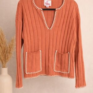 🍂 So Me Ribbed Knit Sweater – Terracotta Boho Pocket